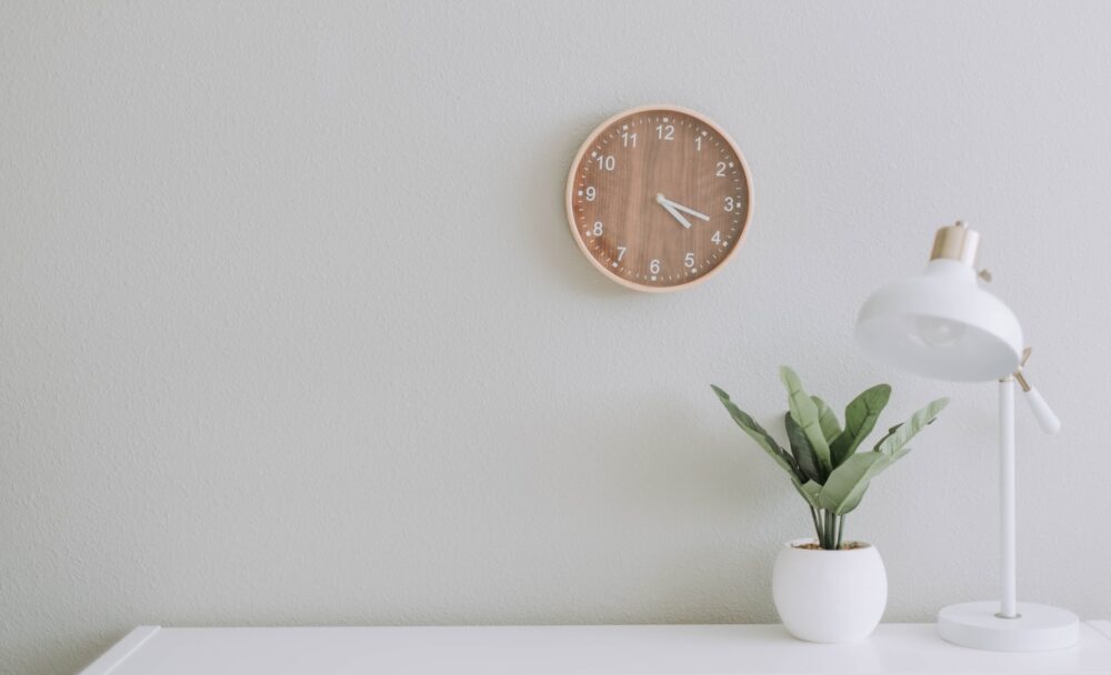 white desk lamp beside green plant